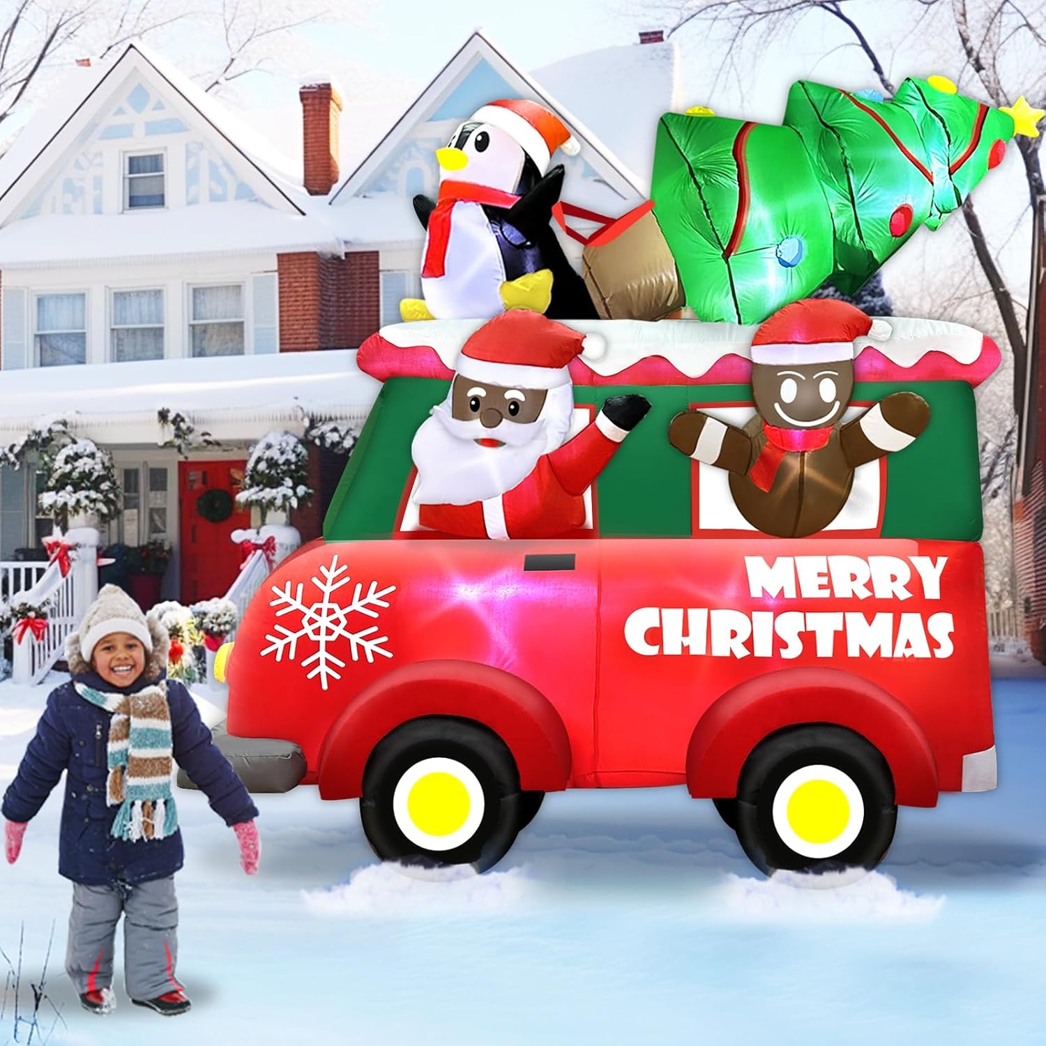 8 Ft Tall 8 Ft Long Giant Christmas Inflatable Black Santa Claus In Truck Outdoor Decoration With Gingerbread Penguin Xm