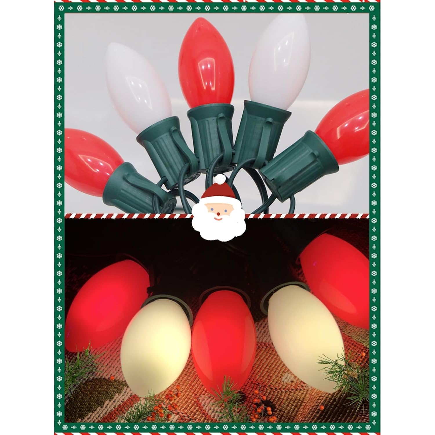 C7 26.5Ft Vintage Led Christmas Tree Lights, 0.6W Old Fashioned Christmas String Lights With 27 Red White Ceramic Bulbs(
