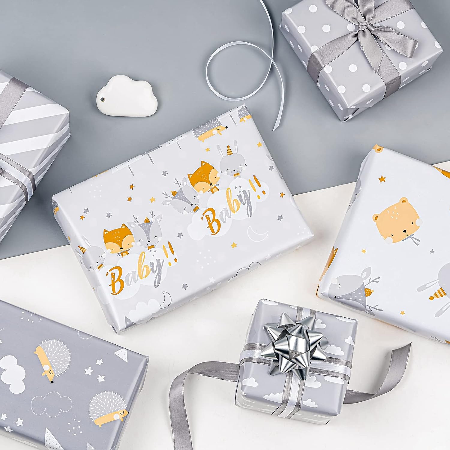 Reversible Baby Shower Wrapping Paper Roll - Mini Roll - 3 Rolls - 17 Inch X 120 Inch Per Roll - Cute Hedgehog, Animals & Baby Lettering Design For Neutral Baby Shower