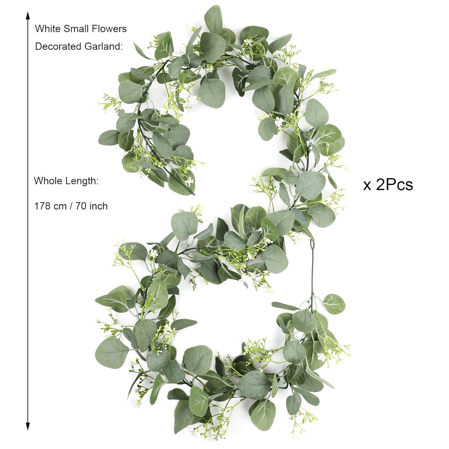 Gypsophila Artificial Eucalyptus Garland 2 Pack, 5.8Ft Faux Baby Breath Flowers Vine, Real Touch Hanging Flower Decor For Wedding Arch Party (White)