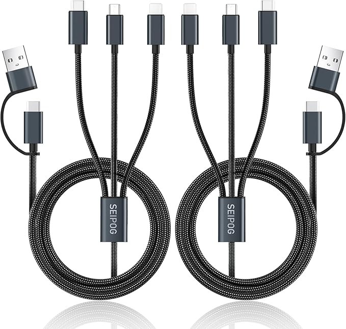2 Pack 5 in 1 Multi Charging Cable 4FT Nylon Braided USB A USB C Universal Fast Charger Cord for iPhone Samsung Android
