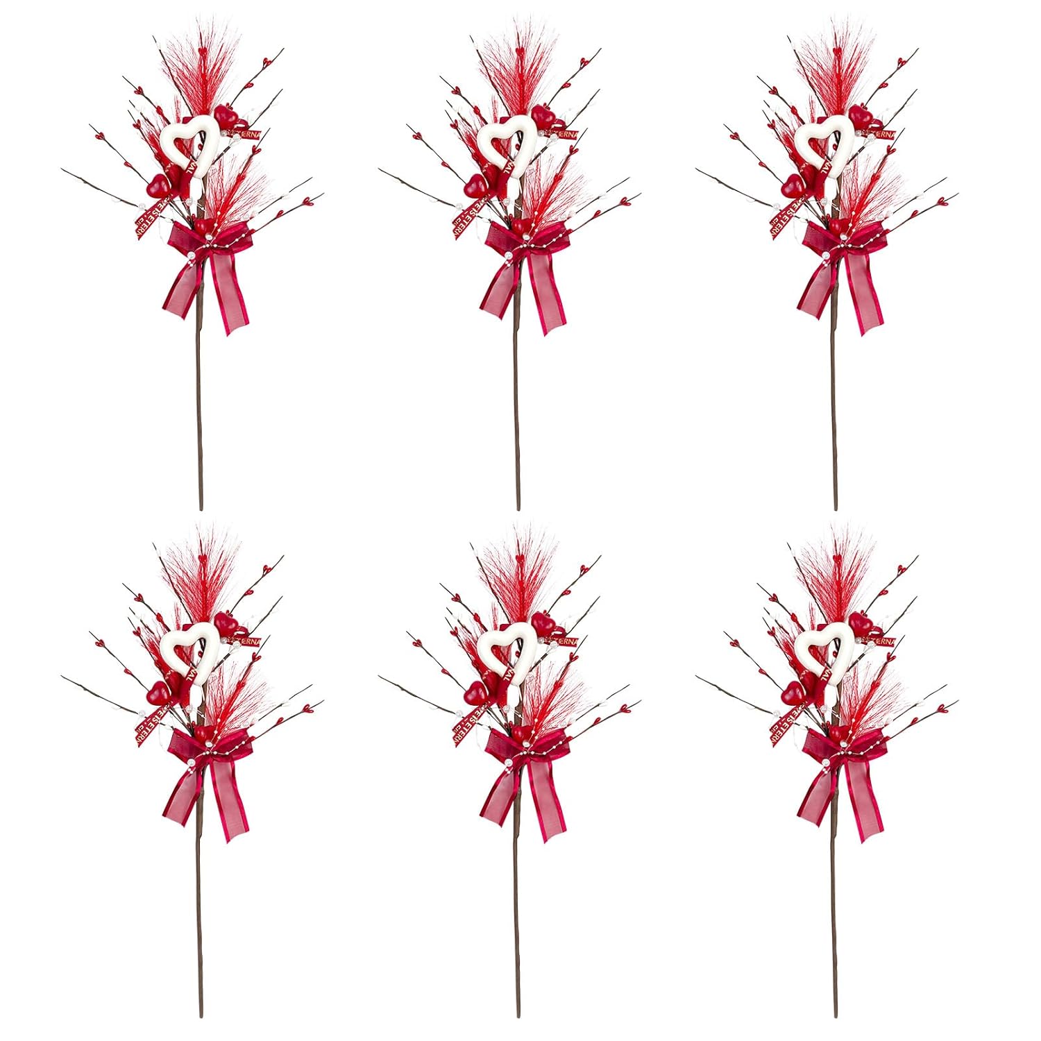 6 Pcs Valentine'S Day Heart Shaped Berry Feather Picks, 19.7 Inch Artificial Red White Heart Berry Flower Stems For Wedding Christmas Home Vase Decor