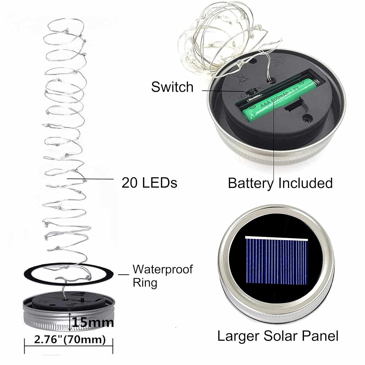 Solar Mason Jar Lid Lights, 6 Pack 20 Led Waterproof String Fairy Star Firefly Jar Lids Lights For Patio Garden Yard Law