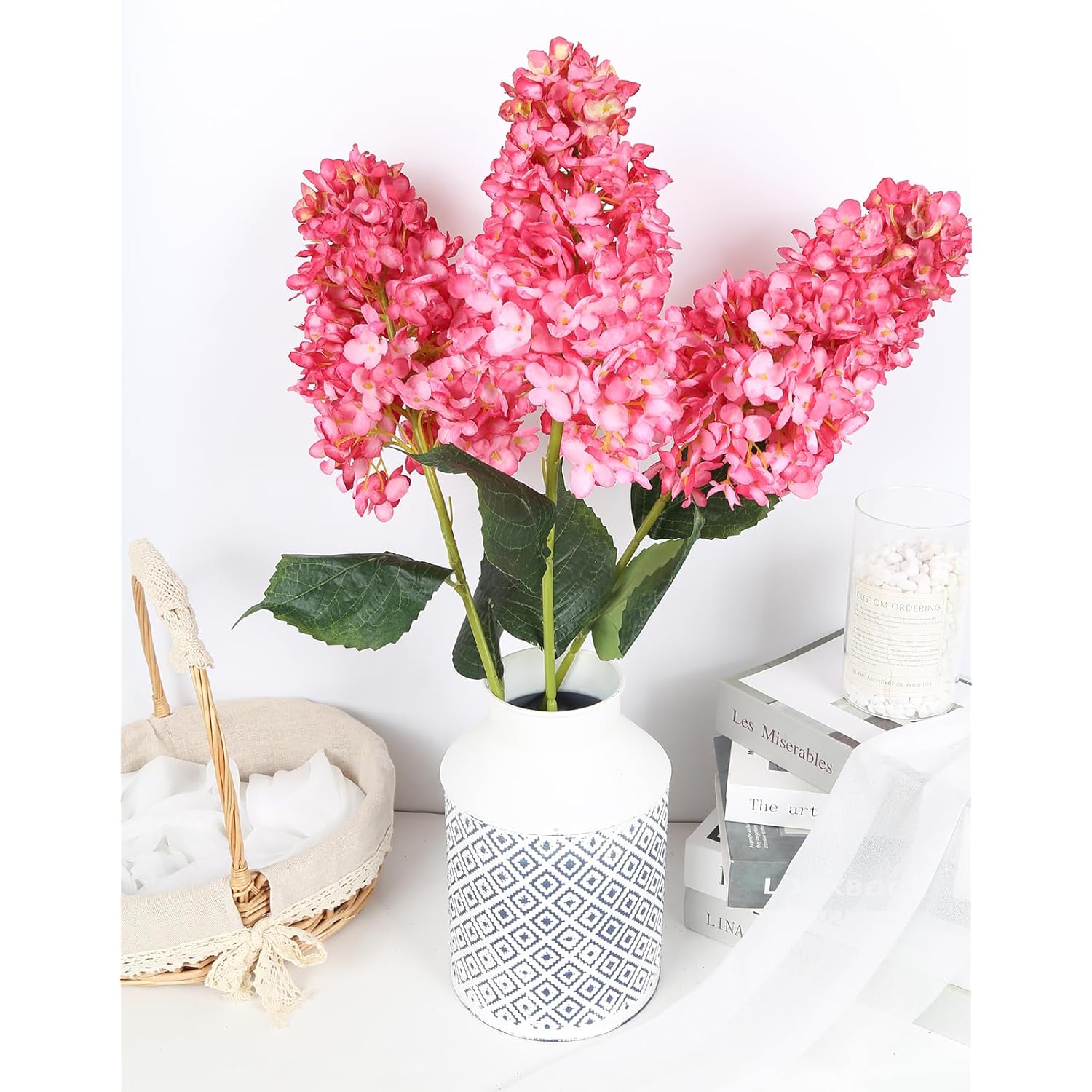 Faux Hydrangea Flowers 3Pcs Large Artificial Flowers Silk Hydrangea Flowers With Stems 31.5” Hot Pink Flowers For Bridal Shower Decorations Faux Floral Arrangements (Hot Pink)