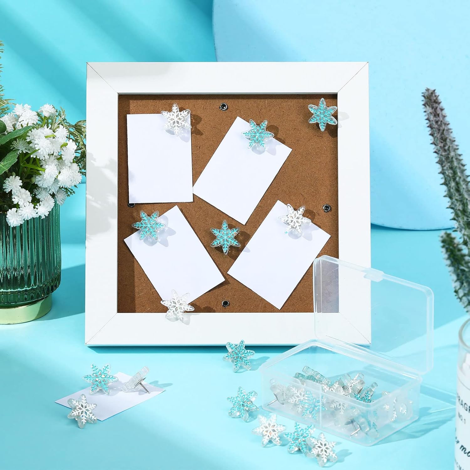 30 Pieces Christmas Snowflake Push Pins, Decorative Cork Board Tacks, 0.9 Inch Thumb Tacks For Bulletin Board, Office Home Winter Christmas Decorations(White, Blue)
