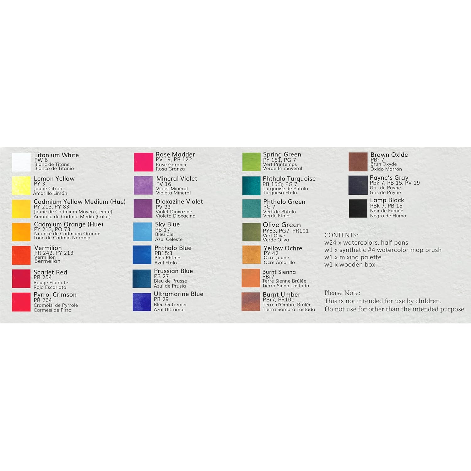 Professional Watercolor Paint Set - 24 Half Pan Highly Pigmented Transparent Water Color Paints With #4 Synthetic Water Color Brush, Mixing Palette & Wooden Box Gift Watercolor Kit