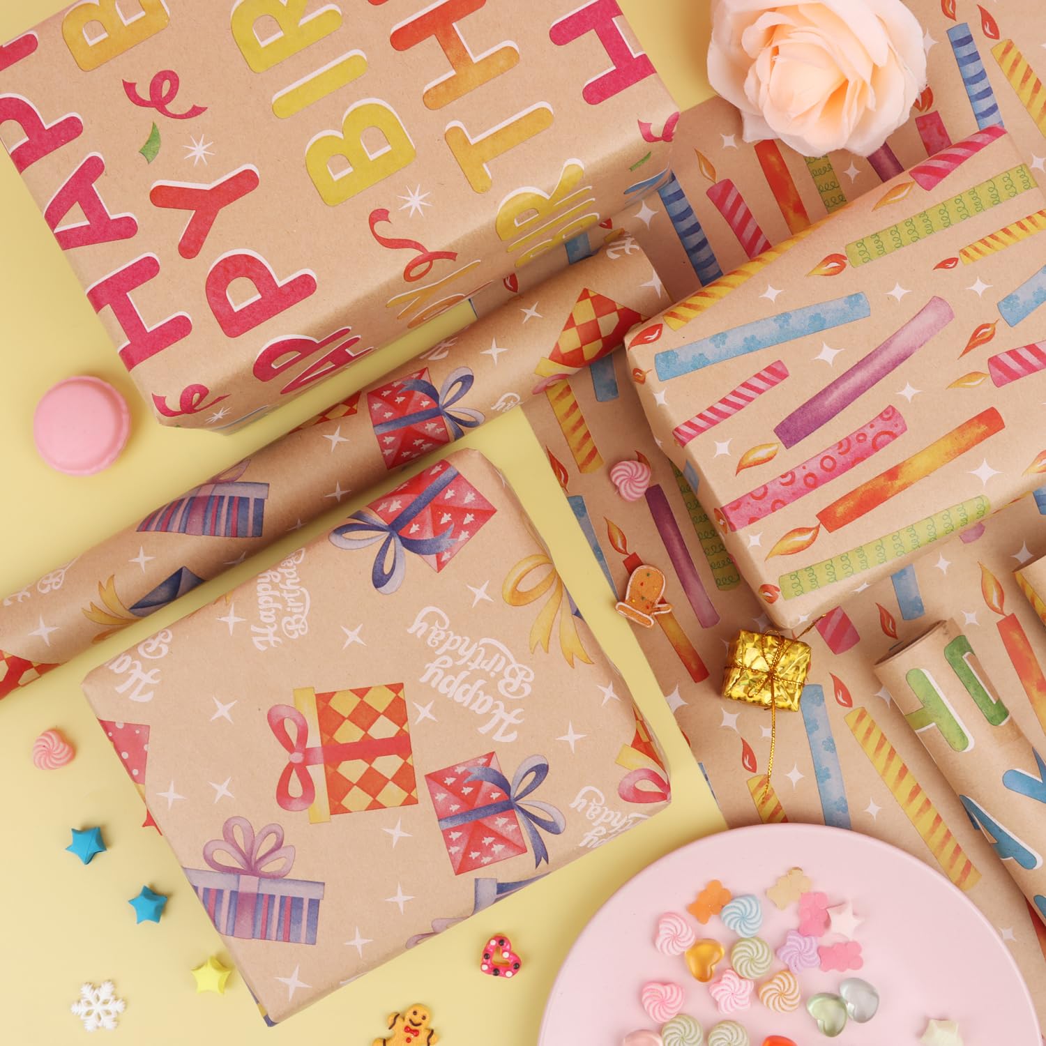 Happy Birthday Gift Wrapping Paper - 3 Mini Rolls 17" X 120" - Brown Kraft Wrap Paper Roll For Kids, Boys And Girls