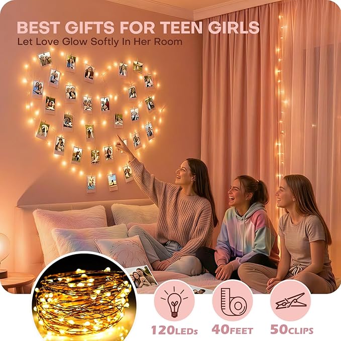 40FT 120 LED Photo Clip Fairy Lights with 50 Clips Hanging Picture String Lights 8 Modes Timer Waterproof Bedroom Dorm Wall Decor Teen Girl Birthday Christmas Gift Aesthetic Room Decor