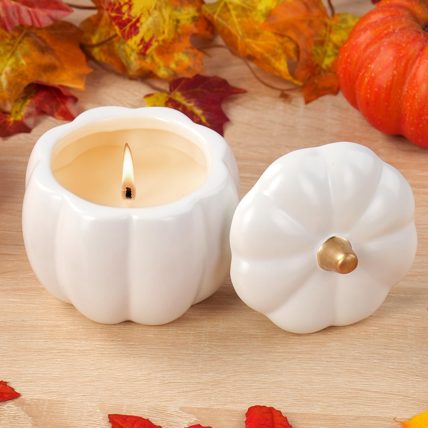 Fall Candles With Ceramic Pumpkin Jar-Pumpkin Spice Candle For Home, Autumn Pumpkin Candle Decor- Halloween Thanksgiving Gift ?White?