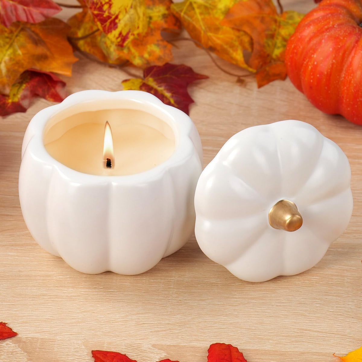 Fall Candles With Ceramic Pumpkin Jar-Pumpkin Spice Candle For Home, Autumn Pumpkin Candle Decor- Halloween Thanksgiving Gift ?White?