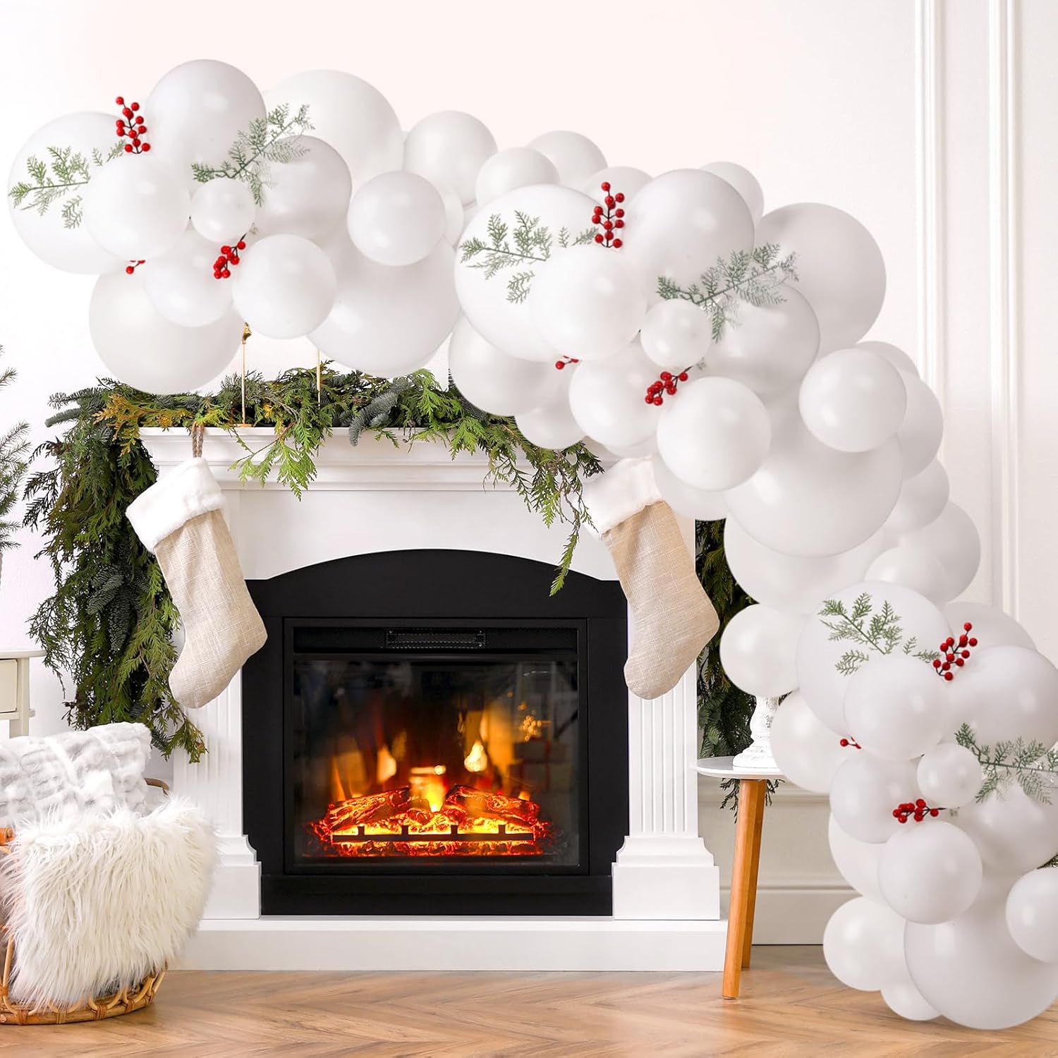 135 Pcs Christmas Balloon Garland Arch Kit White Balloons With Artificial Snowy Pine Branches And Red Berries Stems For Christmas Party Decorations New Year Holiday Party Supplies