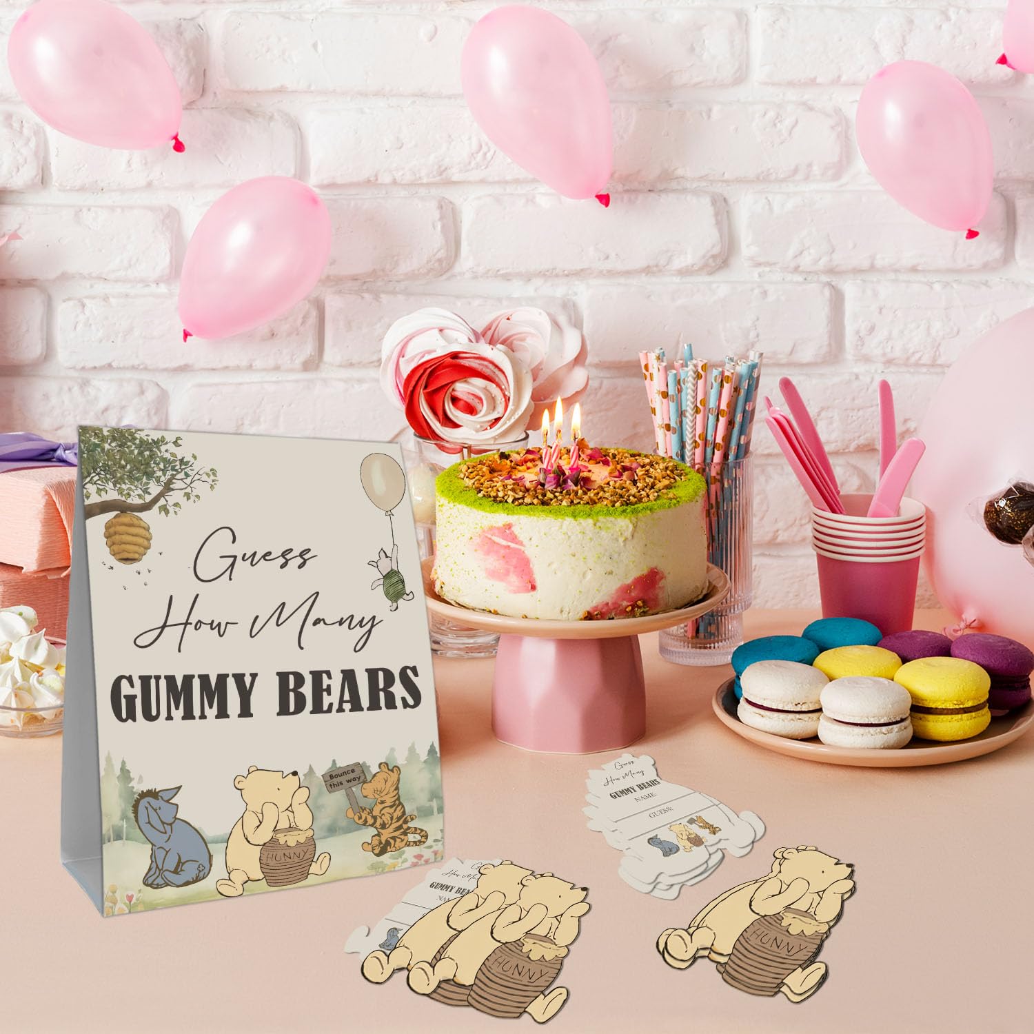 The Pooh Baby Shower Games Card, Included 1 Guess How Many Gummy Bears Sign And 30 Winnie Guessing Cards, Winnie Baby Shower Game For Boys Girls, Birthday Party Supplies 5 * 7In