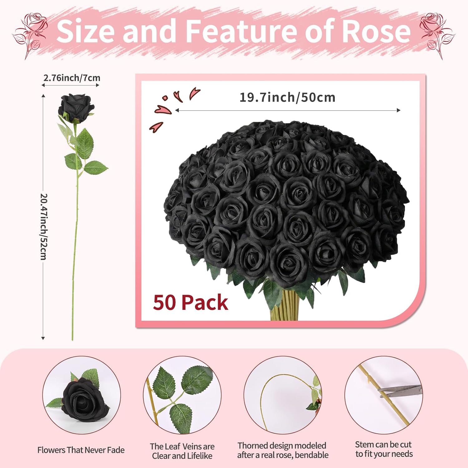 50 Pcs Black Roses Artificial Flowers, Fake Roses Bouquet, Artificial Black Rose With Stems For Diy Wedding Flowers Decoration, Valentines Day Mothers Day, Bridal Bouquet Rose