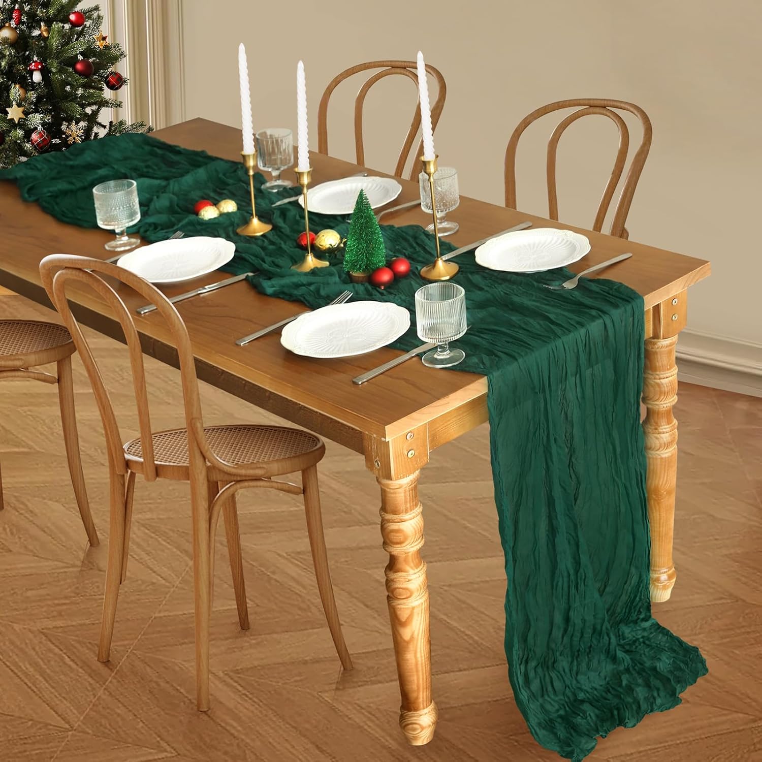 Christmas Table Runner, 10Ft Cheesecloth Emerald Green Table Runners 35*120Inch Rustic Boho Table Runner For Christmas Indoor Home Kitchen Table Party Decorations