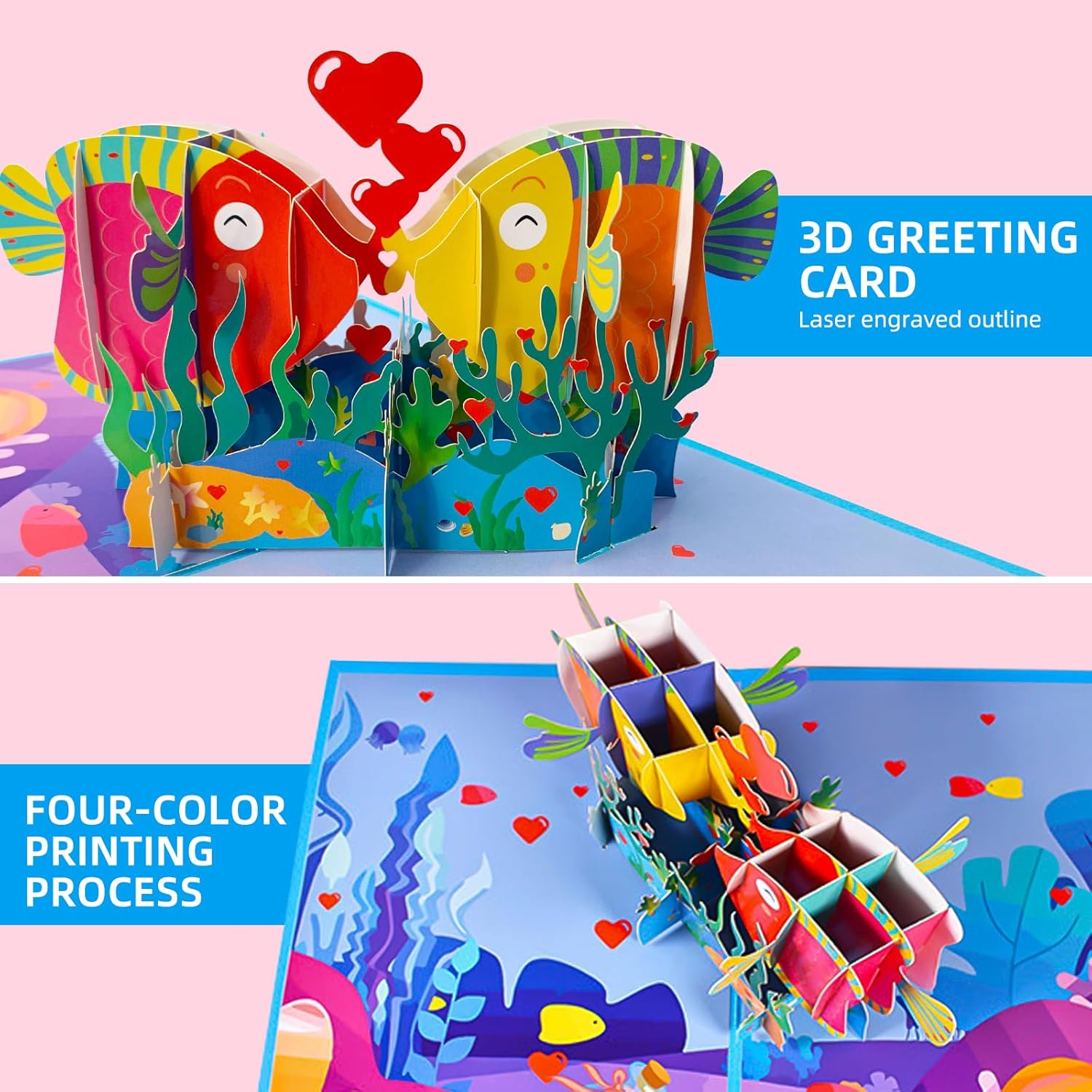 3D Pop-Up Kissing Fish Anniversary Card - Birthday, Wedding, Valentine'S Day Gift For Couples, Him, Her | Includes Envelope, Blank Note Card, Seal Stickers & Wish Cards