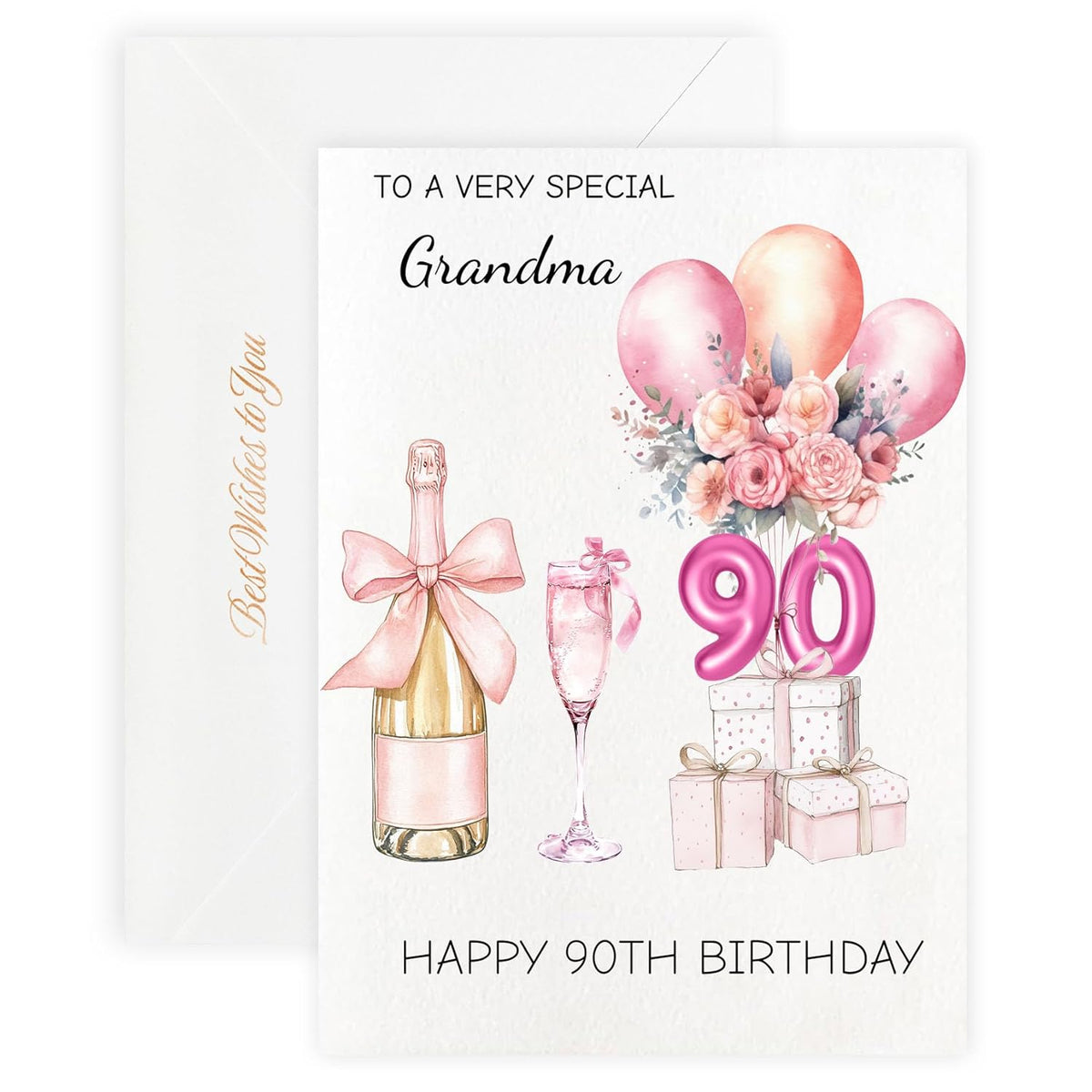 90Th Birthday Cards For Grandma, Pink Happy Birthday Cards, With Envelope And Wax Seal, 5X7 Inch