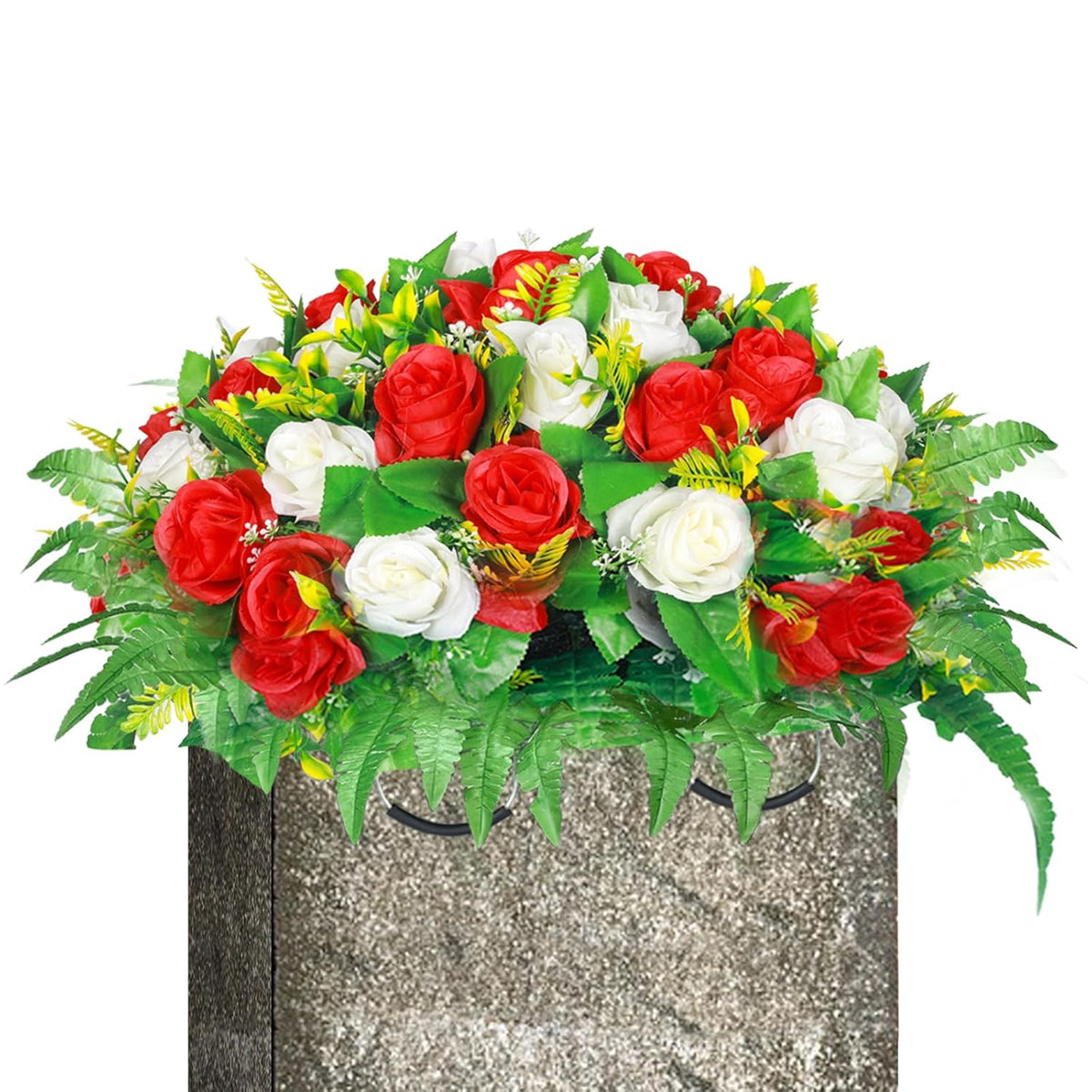 Artificial Cemetery Flowers, Artificial Silk Flower Arrangement ,Artificial Rose Bouquet Grave Memorial Flowers With Headstone Flower Saddle For Gravesite Headstones Decoration (1, Red And White)