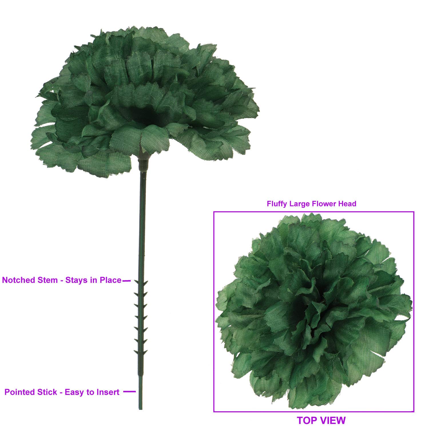 Box Of 100 Artificial Carnation Picks, Emerald 5" Long 3.5" Wide, Floral Crafting Supplies, Parties & Events Home & Office Decor