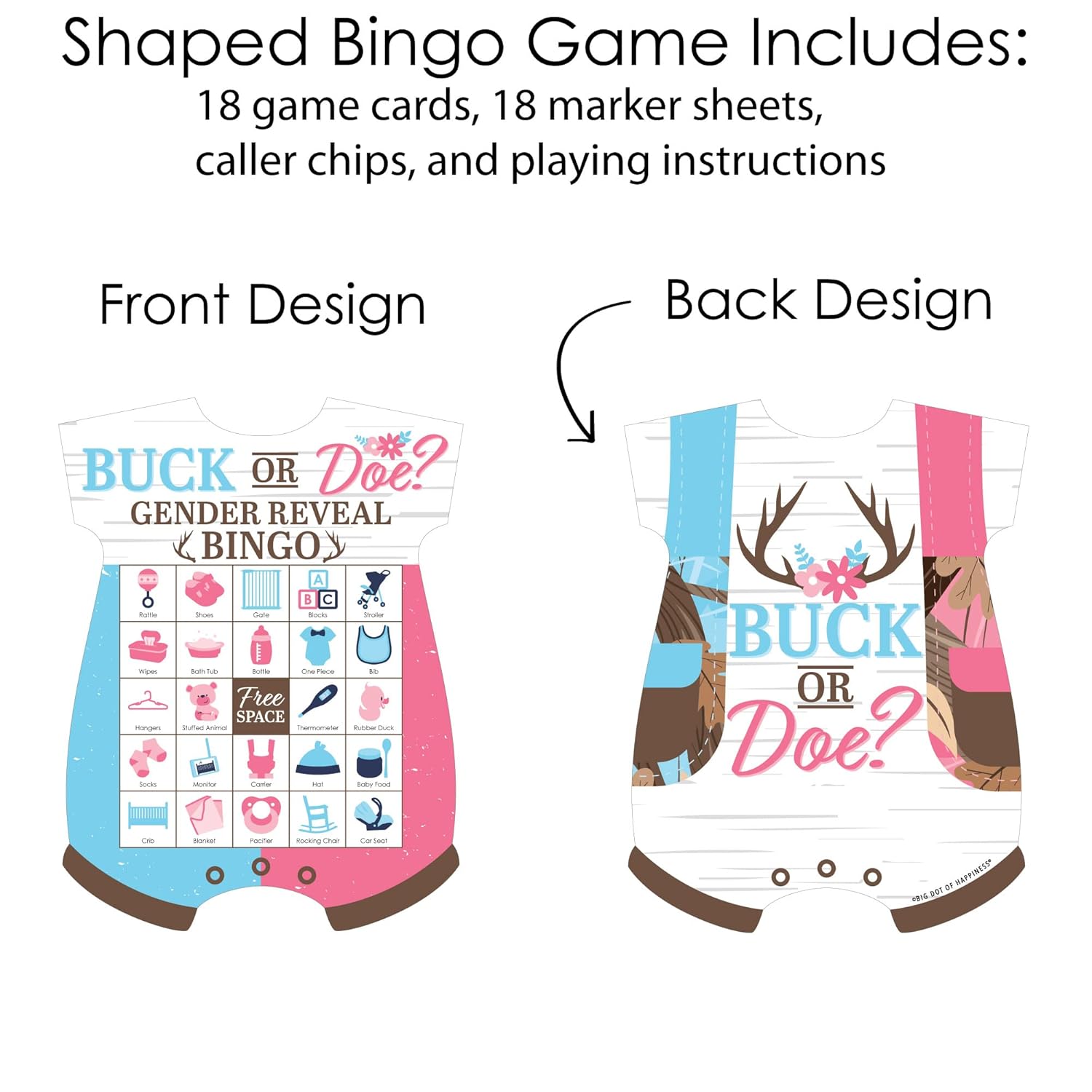 Big Dot of Happiness Buck or Doe - Picture Bingo Cards and Markers - Hunting Gender Reveal Party Shaped Bingo Game - Set of 18