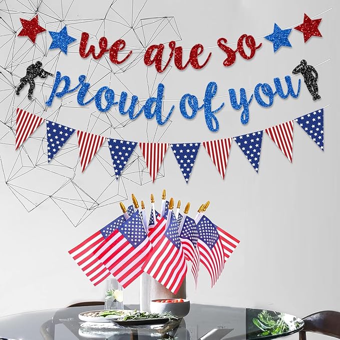 Military Going Away Party Decorations For Red Blue Glitter We Are So Proud Of You Banner American Flag Patriotic Soldier For 4Th Of July Veterans Day Memorial Day Themed Welcome Home
