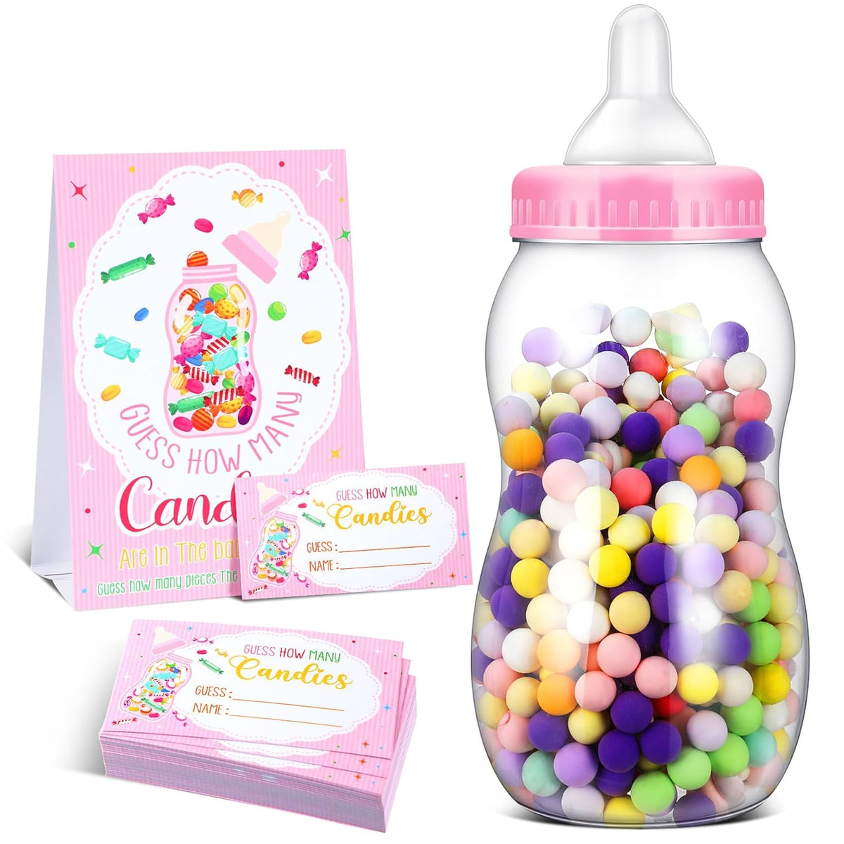 Baby Shower Games 15'' Giant Plastic Bottles Guess How Many Baby Shower Games Large Bottle With Sign 50 Guessing Cards For Gender Reveal Party Favors(Pink)