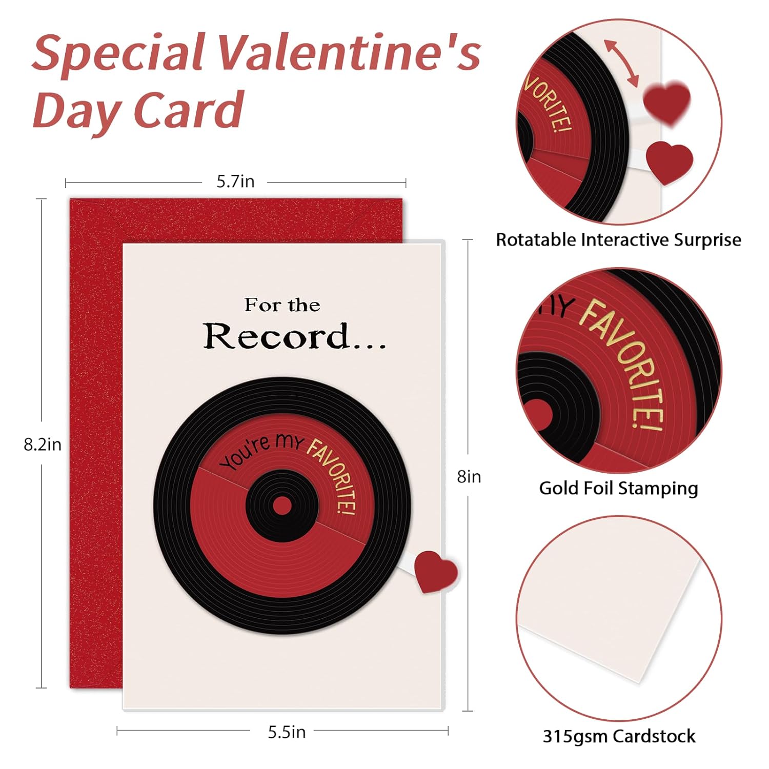 Valentines Day Card For Him Her - 180° Spinning Vinyl Record Love Card For Husband Wife Boyfriend Girlfriend - You'Re My Favorite - Anniversary, Birthday Card With Envelope & Sticker