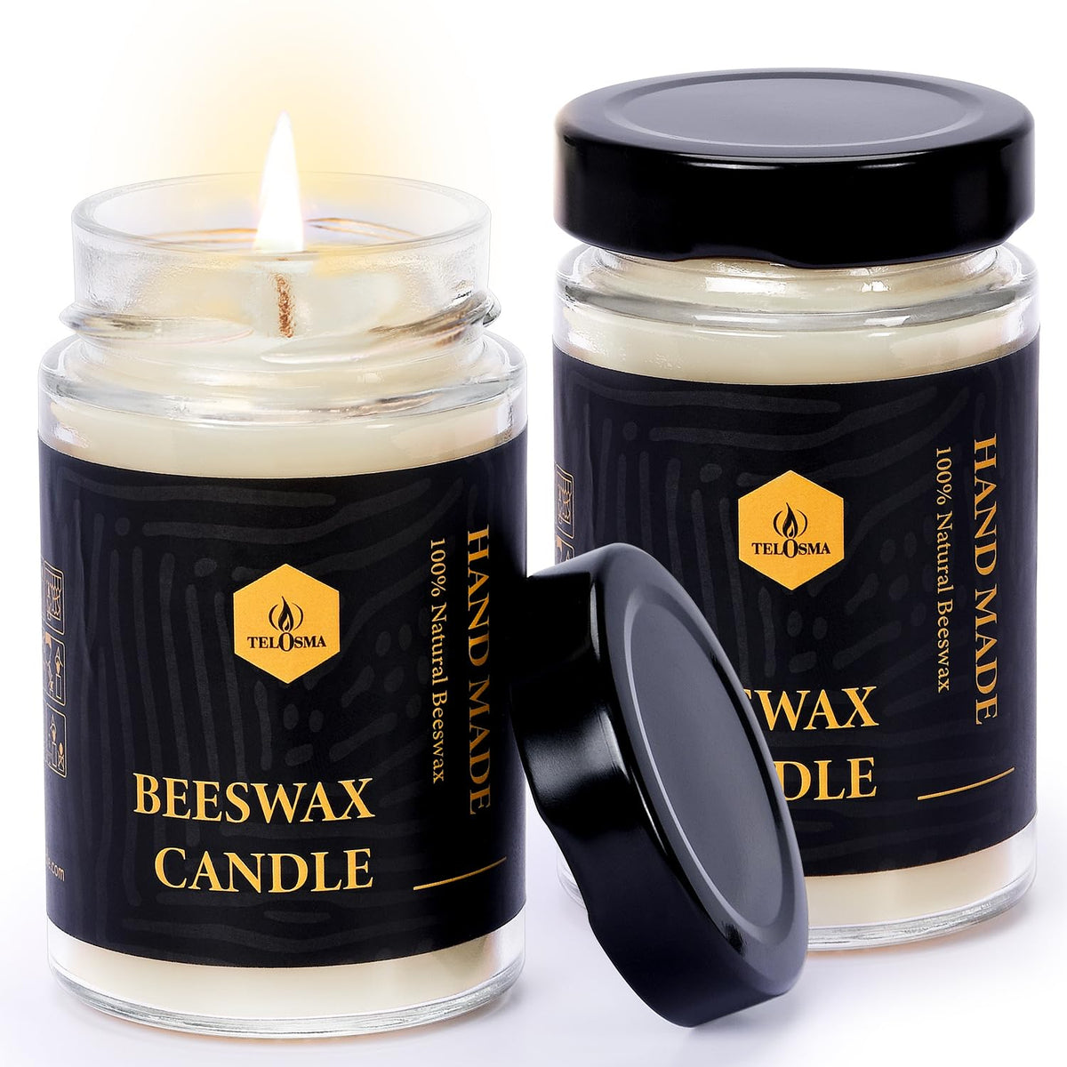 Beeswax Candle In Glass Jar, 2 Pack Unscented Natural Organic Emergency Candles - Smokeless Clean Burn | 36 Hours Long Burning Time - Off White