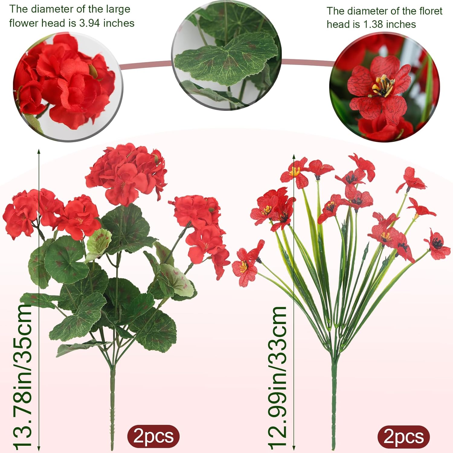 4 Pcs Artificial Flowers For Outdoors Uv Resistant Silk Geraniums Outside Bush Red Fake Faux Flowers For Outdoor Planters Cemetery Decor Garden Patio Grave Table Centerpiece