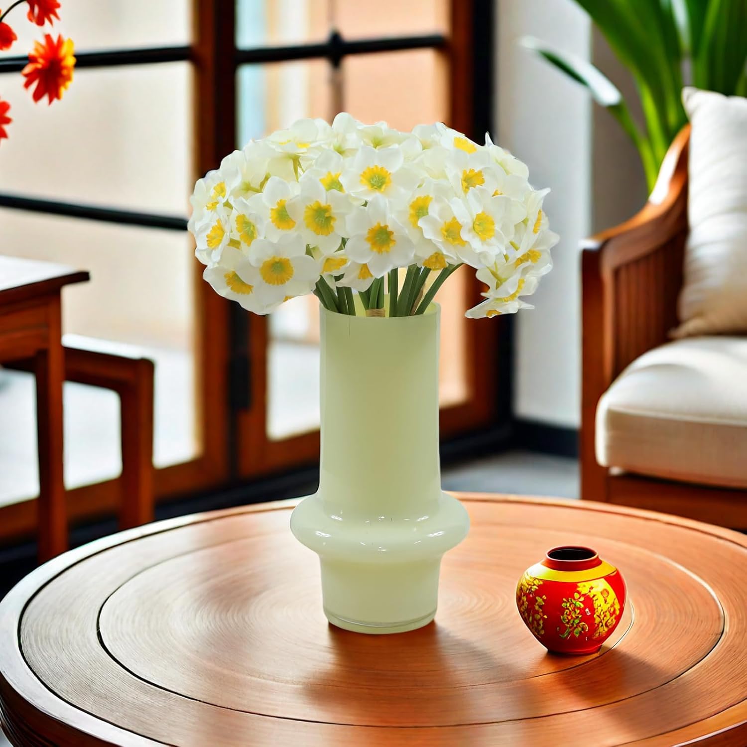 Artificial Flower Daffodil Silk Flowers Bouquet,12 Pcs,Decorative Home And Office Accent (White)