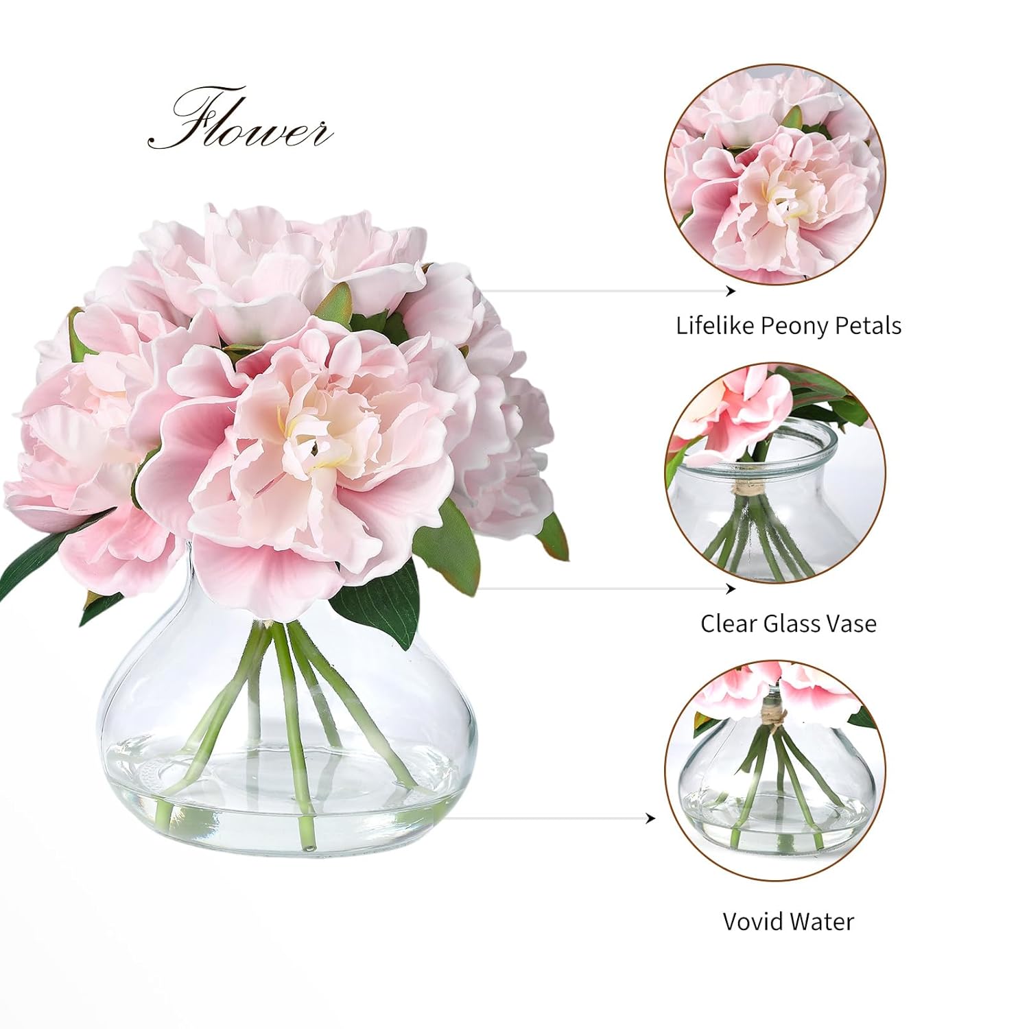 Pink Peonies Artificial Flowers With Glass Vase, Silk Faux Peony Flower Arrangement With Faux Water, Fake Flowers In Vase For Table Centerpieces, Shelf Bathroom Decor, Home & Wedding Decoration