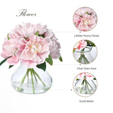 Pink Peonies Artificial Flowers With Glass Vase, Silk Faux Peony Flower Arrangement With Faux Water, Fake Flowers In Vase For Table Centerpieces, Shelf Bathroom Decor, Home & Wedding Decoration