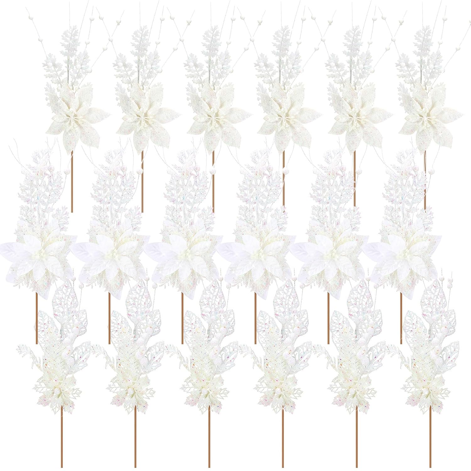 18 Pack 3 Styles 17 Inch Christmas Glitter Poinsettia Berry Stems Ornaments Artificial Floral Branches Picks For Christmas Tree Home Vase Holiday Party Decor(White)