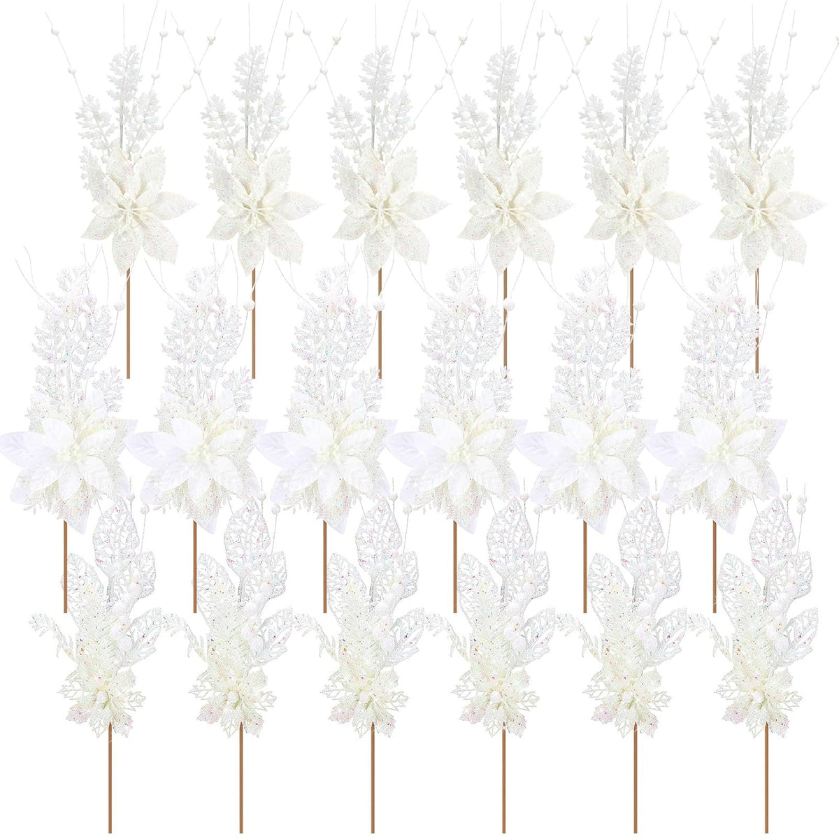 18 Pack 3 Styles 17 Inch Christmas Glitter Poinsettia Berry Stems Ornaments Artificial Floral Branches Picks For Christmas Tree Home Vase Holiday Party Decor(White)