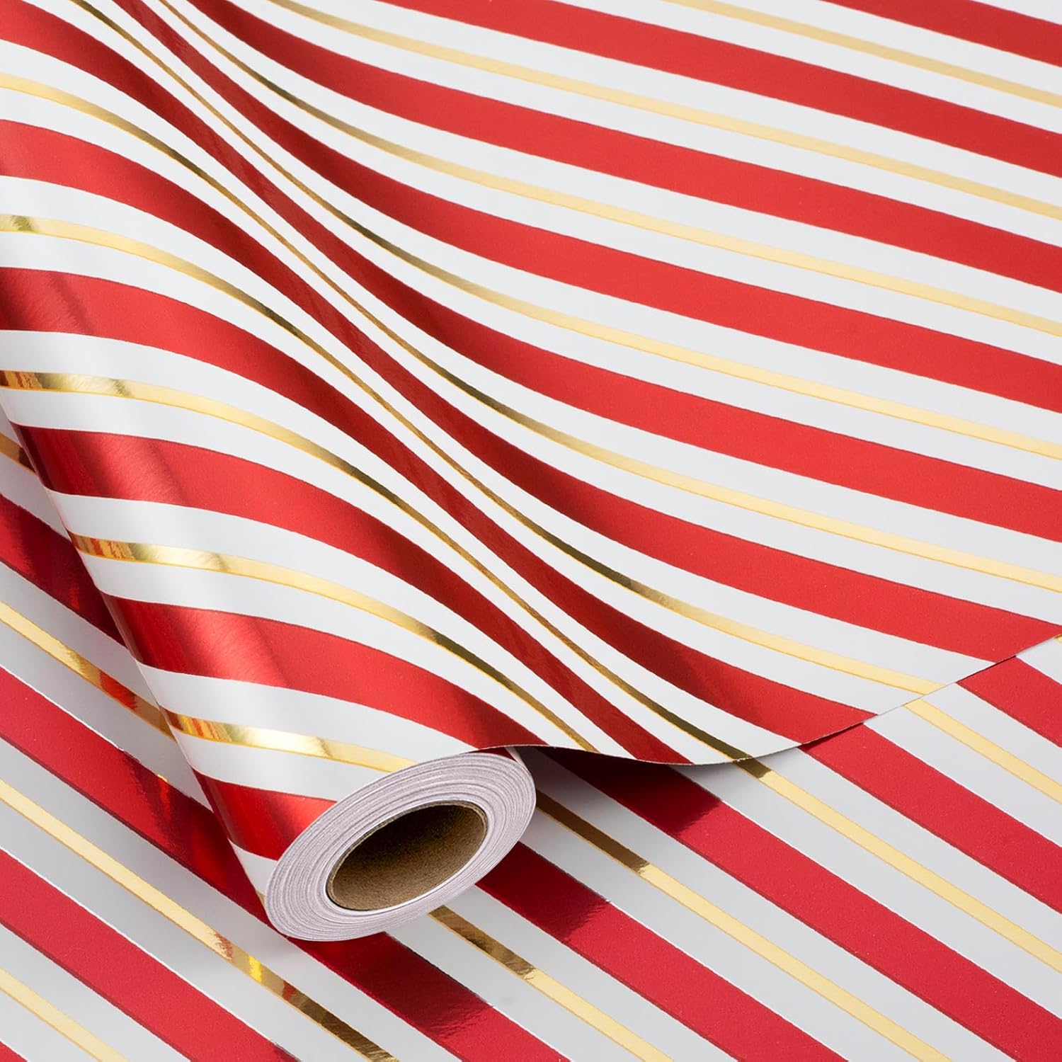 Gold Foil Stripes Wrapping Paper Mini Roll - 17 Inch X 32.8 Feet - Red & Gold Stripe Perfect For Christmas, Birthday, Holiday, Wedding, Baby Shower And All Occasions