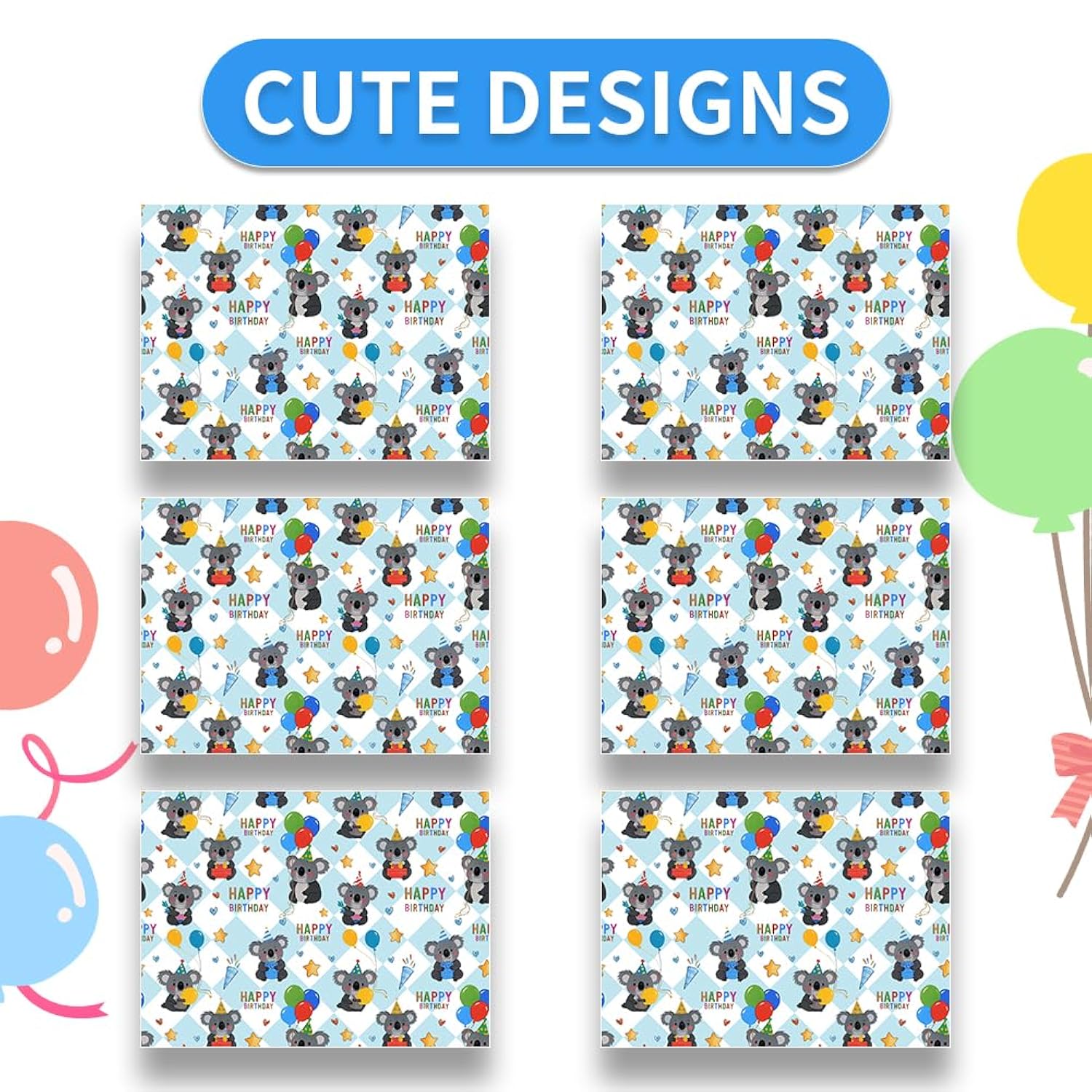 Koala Wrapping Paper Happy Birthday Wrapping Papers, Cute Koala Balloons And Gifts Printed On Blue White Checkered Background Gift Wrap Paper - 4 Sheets Folded Flat - For Birthday, Holiday, Wedding, Baby Shower Wrap
