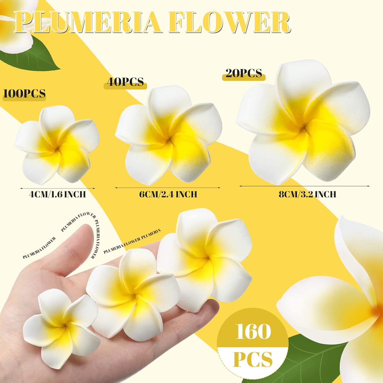 160 Pcs Artificial Plumeria Flower Hawaiian White Foam Frangipani Petals Cap Hair Hat Wreath Floral Diy Craft For Home Beach Wedding Party Decoration (1.6 Inch,2.4 Inch,3.2 Inch)