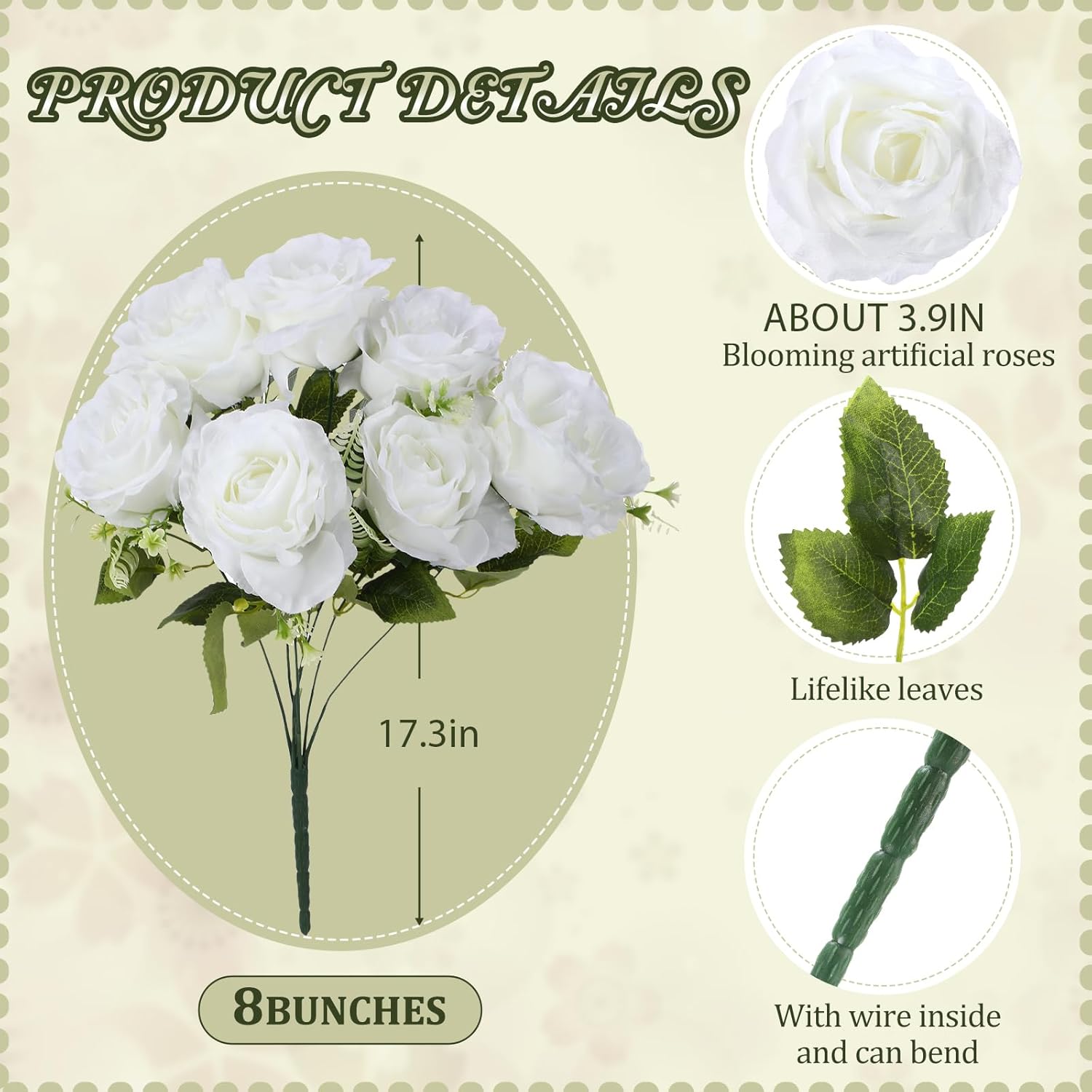 56 Heads White Silk Roses Artificial Flowers Bulk, Valentine Fake Velvet Roses Flower Arrangement, 8 Bouquet With Stems For Bridal Wedding Bridesmaid Bouquet Home Party Decor, 17.3 Inch