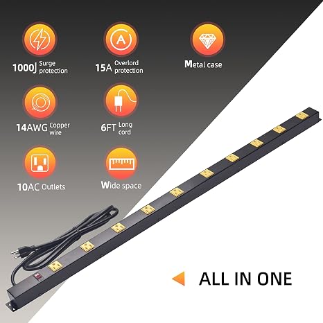 10 Outlet Heavy Duty Metal Power Strip 6FT 1000J Surge Protector Black