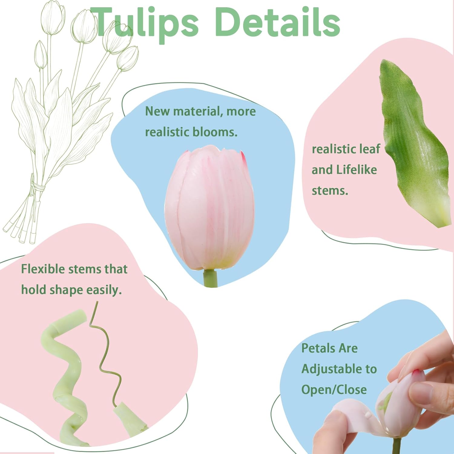 15 Pcs Light Pink Artificial Flowers Tulips Real Touch Latex Plastic Soft Faux Bouquets For Party, Wedding, Home, Room, Garden Decor