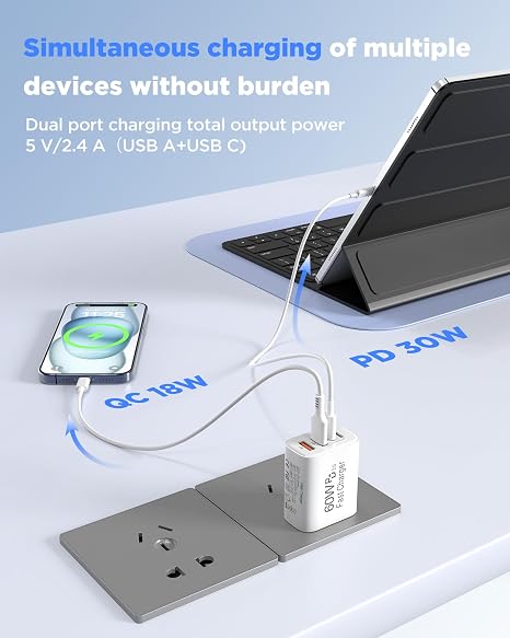 2 Pack 60W USB C Fast Charger with 10FT USB C Cable 4 Port Charger Block for iPhone 17 16 15 iPad AirPods