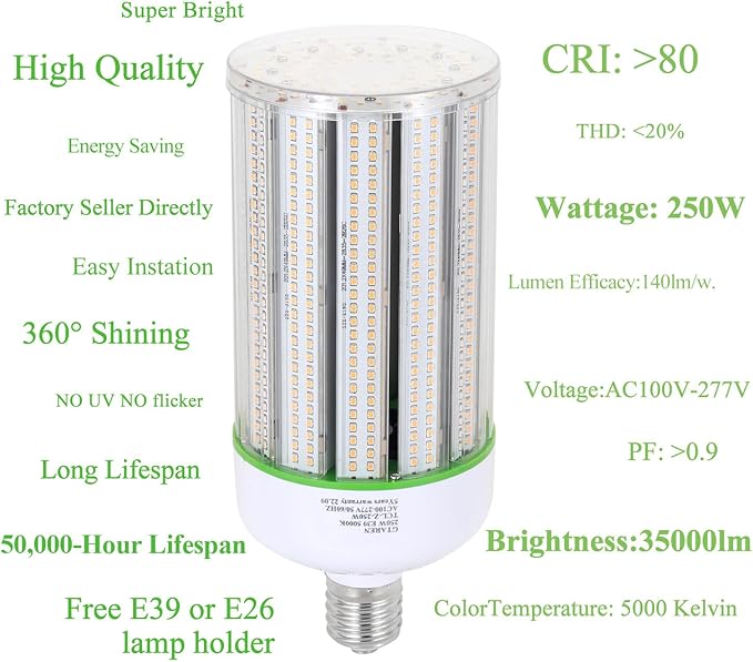 250W LED Corn Light Bulb 1000W Equivalent 5000K Daylight E39 Mogul Base High Bay LED Replacement