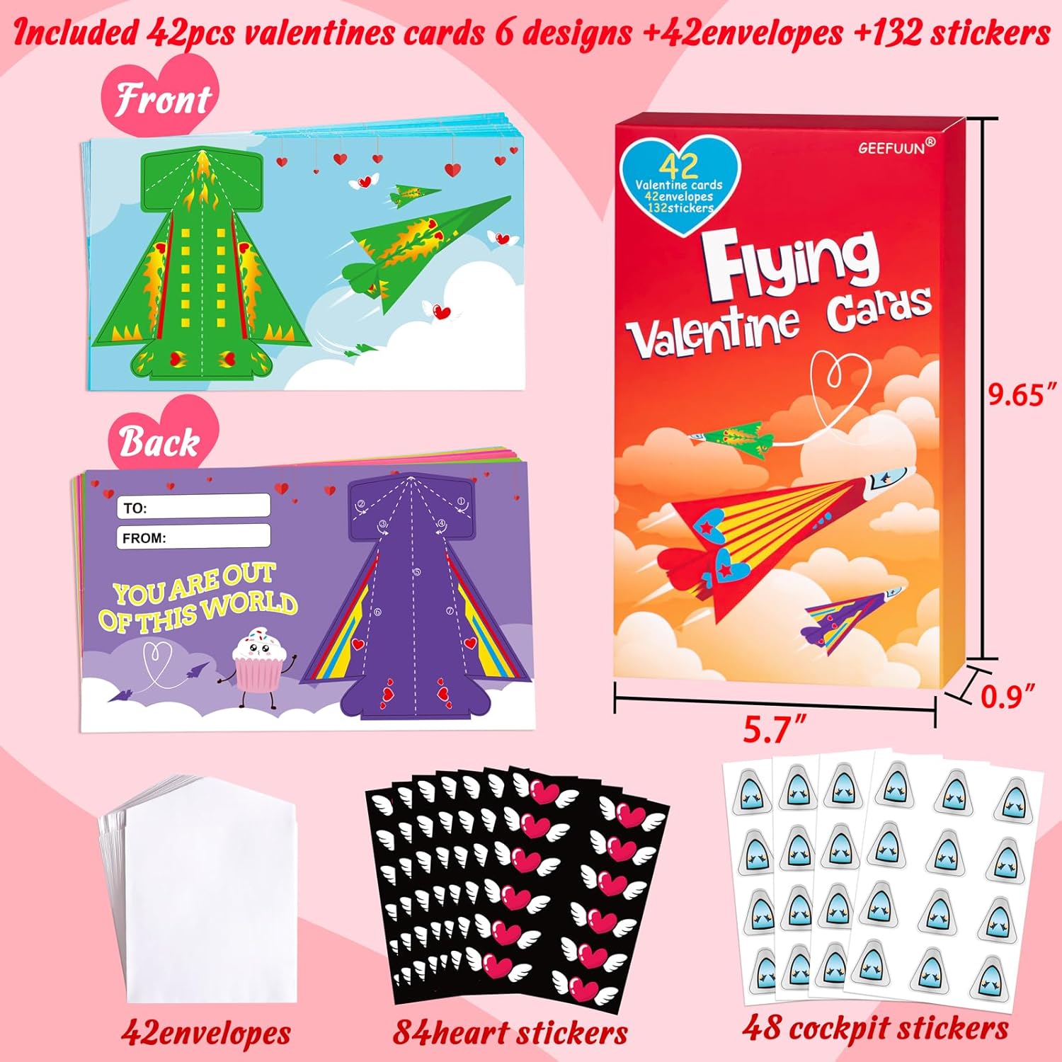 Valentines Cards For Kids Classroom: 42 Paper Airplane Cards + 42 Envelopes+ 132 Stickers Heart Crafts School Classroom Exchange Party Gift Favor