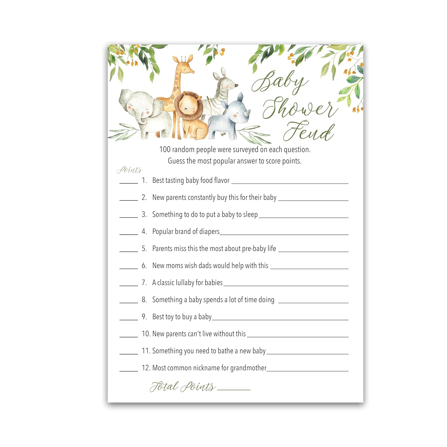 Safari Animals Baby Shower Feud Game - Pack Of 25 - Fun Family Feud Games, Country Rustic Jungle Theme Activity, Welcome To The Wild Shower Gender Neutral Fued Games G550-Bsf