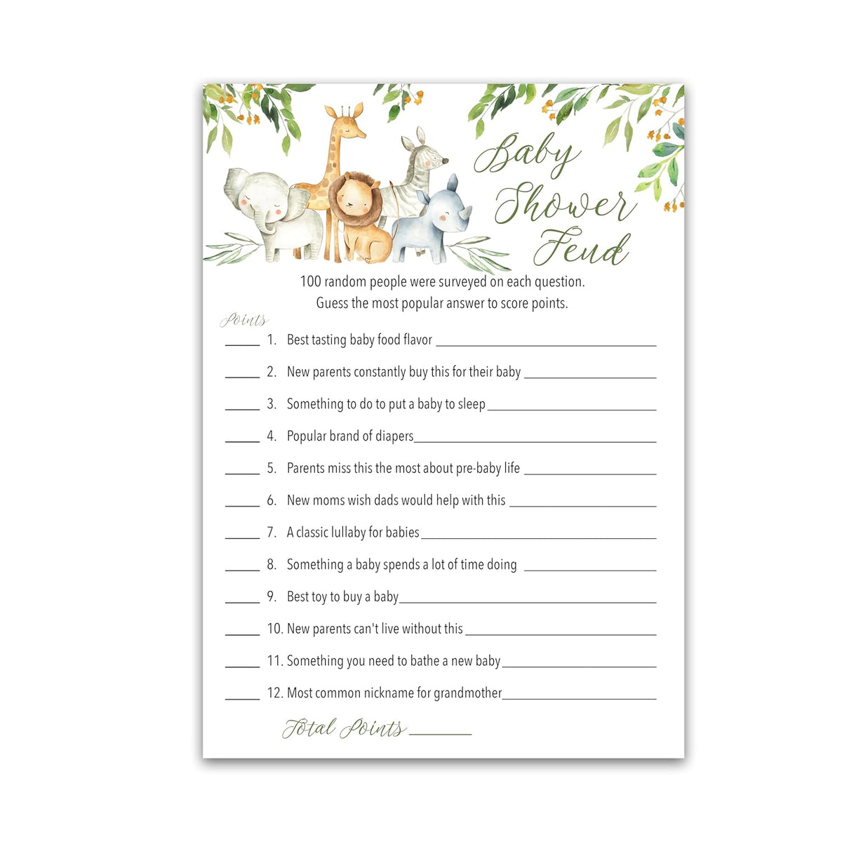 Safari Animals Baby Shower Feud Game - Pack Of 25 - Fun Family Feud Games, Country Rustic Jungle Theme Activity, Welcome To The Wild Shower Gender Neutral Fued Games G550-Bsf