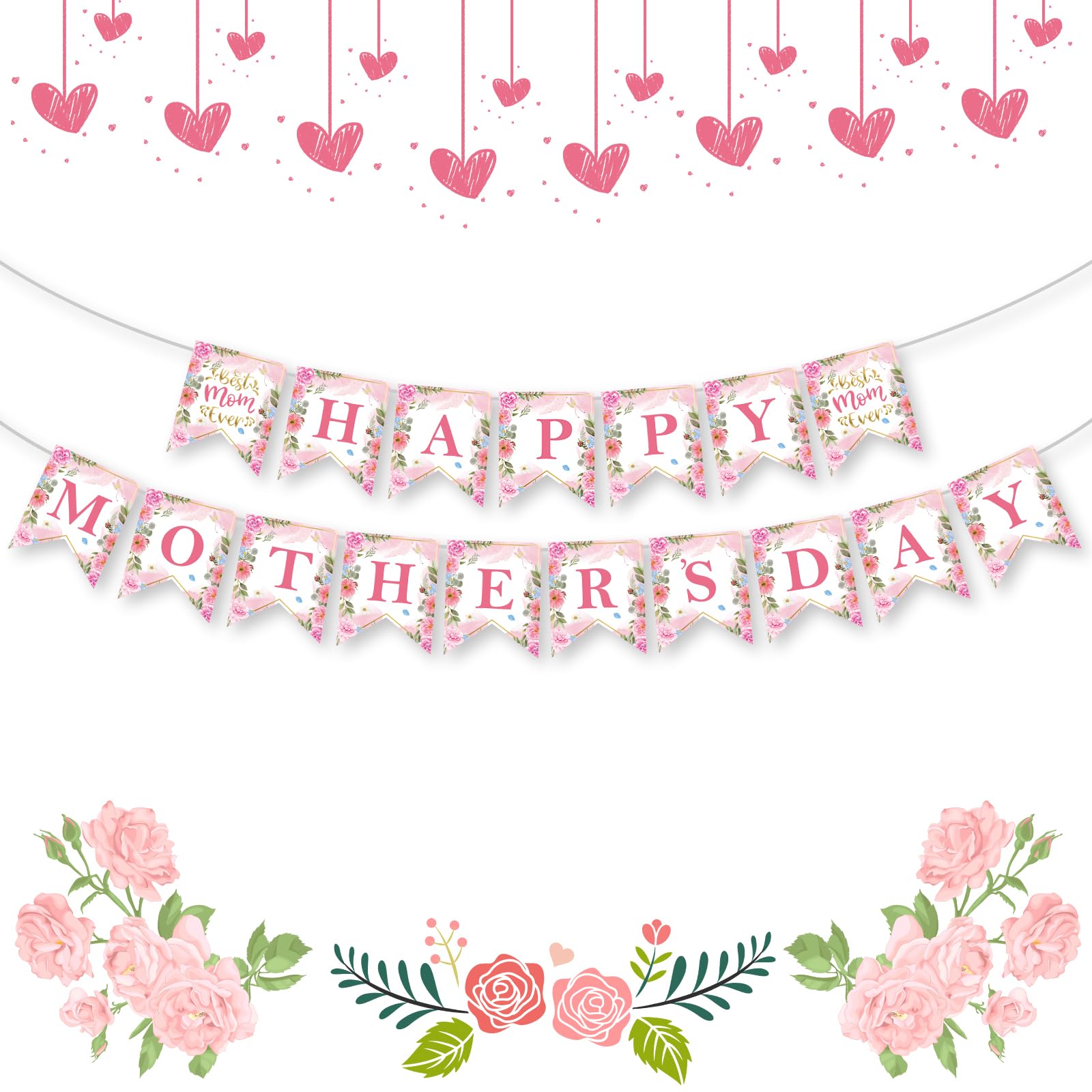 Happy Mothers Day Banner - Pink Mother's Day Decorations Banners, 2026 Best Mom Ever Sign Bunting Banner Garland for Mothers Days Home, Office, Fireplace, Wall Party Decor Supplies Favors Props