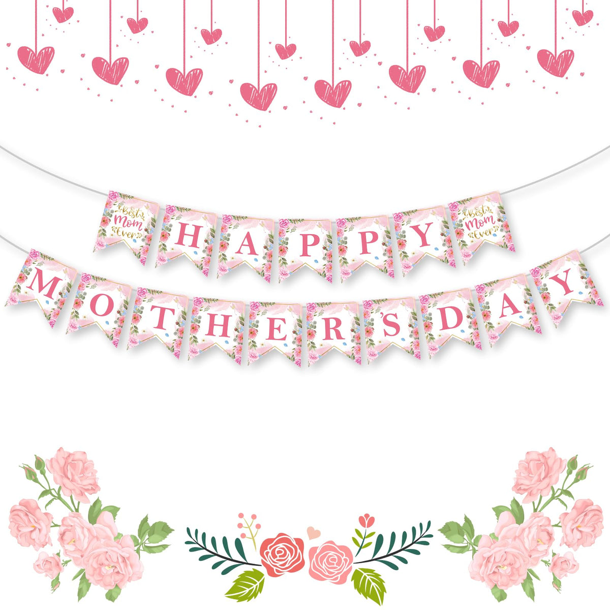Happy Mothers Day Banner - Pink Mother's Day Decorations Banners, 2026 Best Mom Ever Sign Bunting Banner Garland for Mothers Days Home, Office, Fireplace, Wall Party Decor Supplies Favors Props