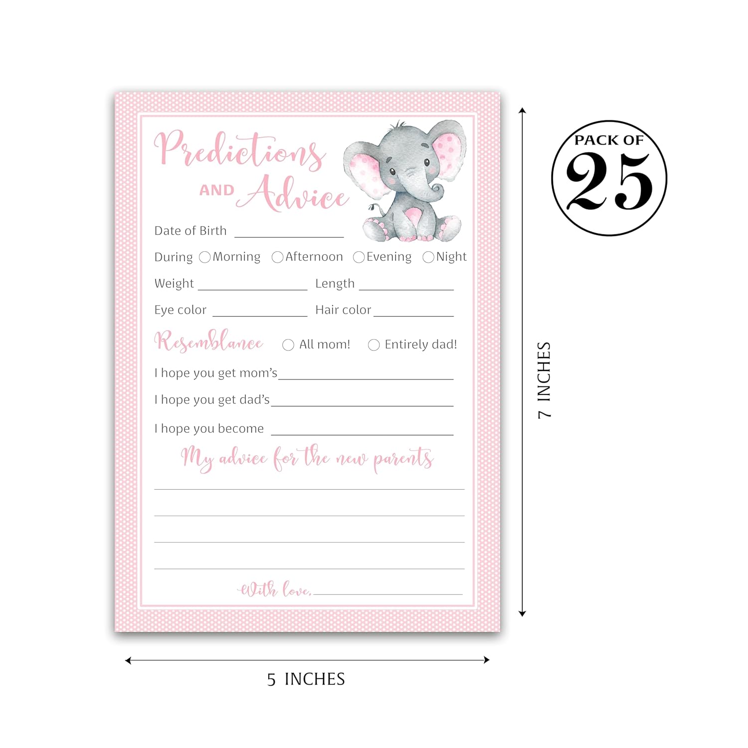 Pink Elephant Prediction And Advice Cards - Pack Of 25 - Girl Baby Shower Games, New Parents, Mom & Dad To Be Mommy & Daddy Message, Couples Coed Shower Activity Keepsake Book Pink Polka Dot G500-Pdav