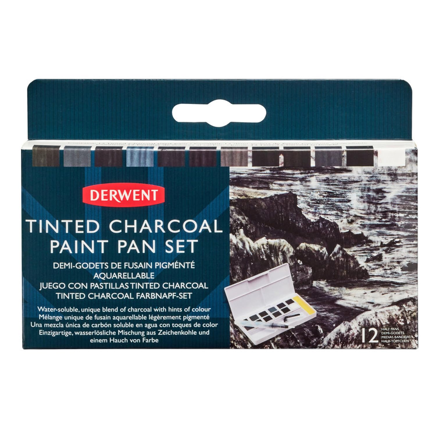Derwent Tinted Charcoal Paint Pan Set, 12 Paints, Professional Quality, Water Soluble, Blendable, Portable, Includes Palettes, Mini Waterbrush & Cleaning Sponge (2305872)