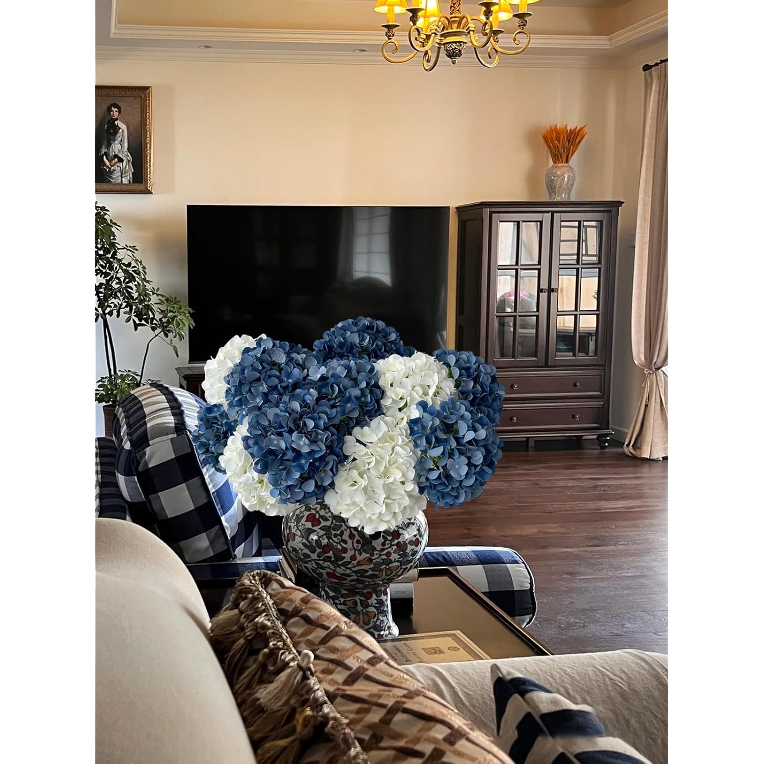 5 Pcs Dark Blue Silk Hydrangeas Artificial Flower Boho Dried Touch 20'' Faux Hydrangeas For Fall Indoor Home Decor Kitchen Living Room Outdoor Porch Wedding Flower Arrangement