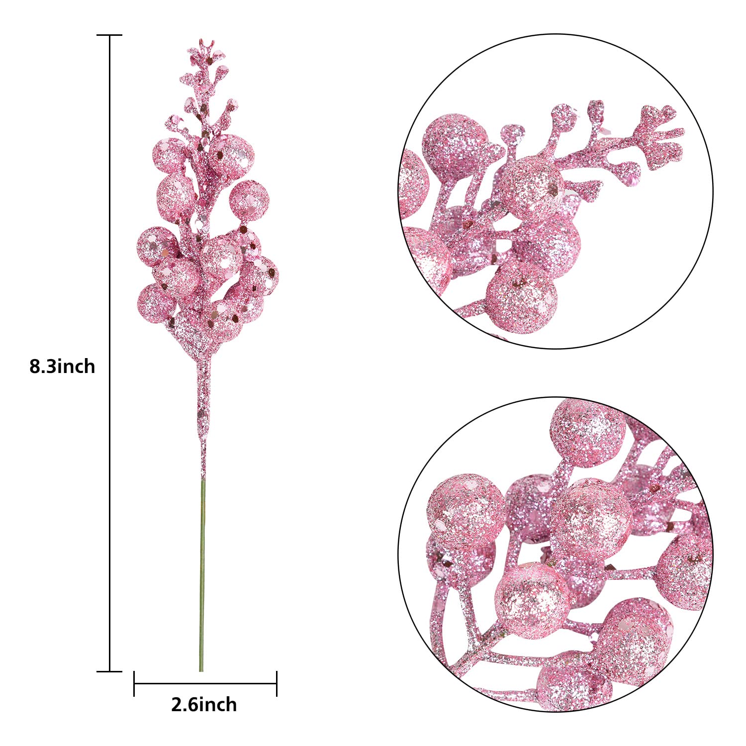 14 Pack Christmas Glitter Berries Stems Clearance, 7.8 Inch Artificial Pink Christmas Picks For Christmas Tree Ornaments, Diy Xmas Wreath, Crafts, Holiday And Home Decor (Pink)